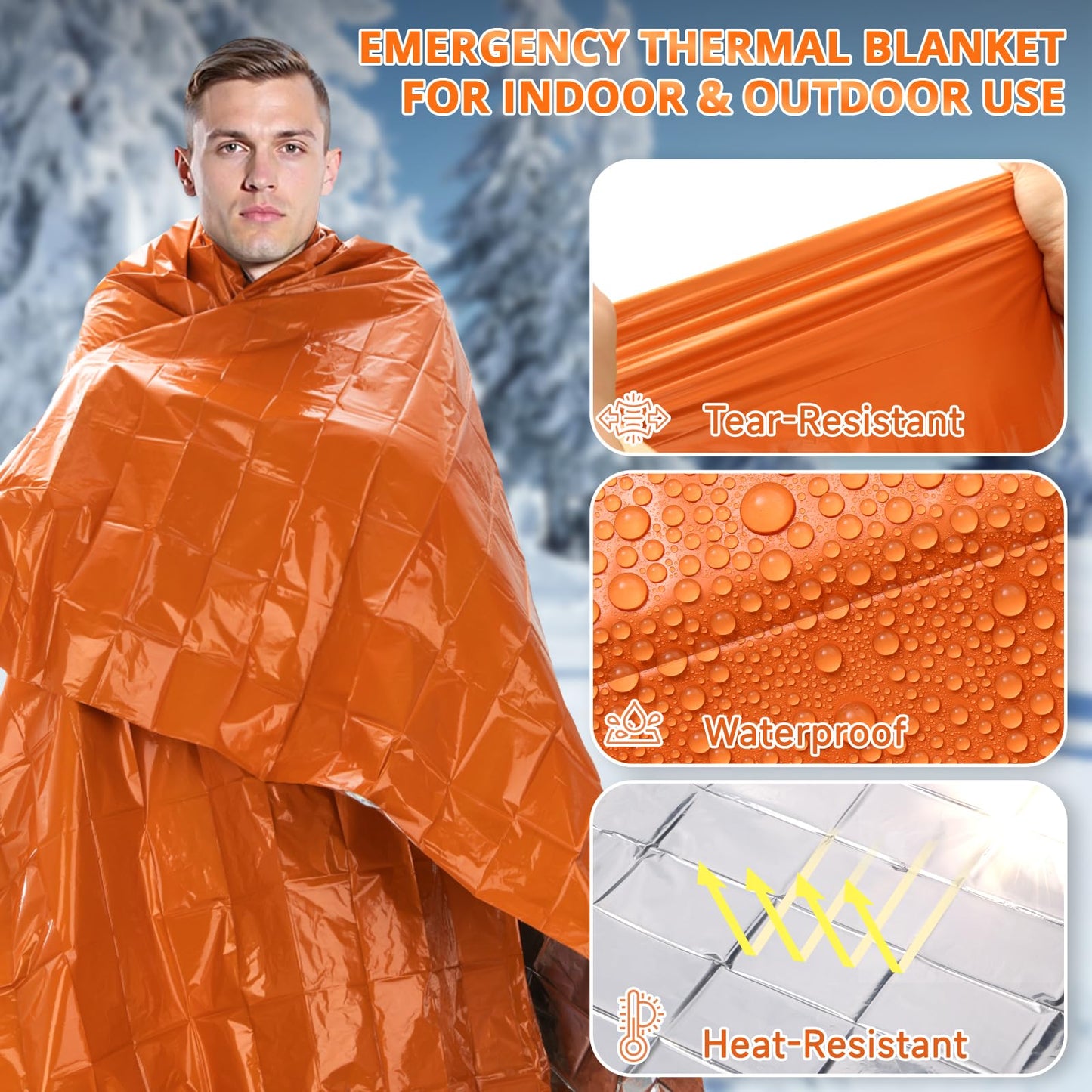 Survival Emergency Thermal Blankets: Thicken 28um Space Mylar Blanket Kit for Outdoor Cold Winter Camping, Hiking, Car Bug Out Bag, or First Aid - Orange 4 Pack