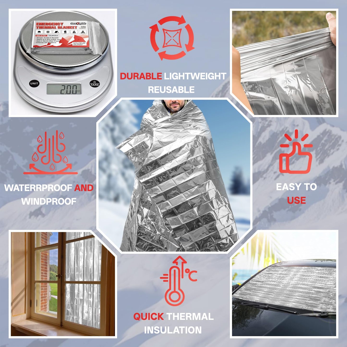 Survival Emergency Thermal Blankets: 25 Pack Extra Large 84” x63” Space Mylar Blanket Kit for Outdoor Cold Winter Camping Hiking Car Bug Out Bag or First Aid