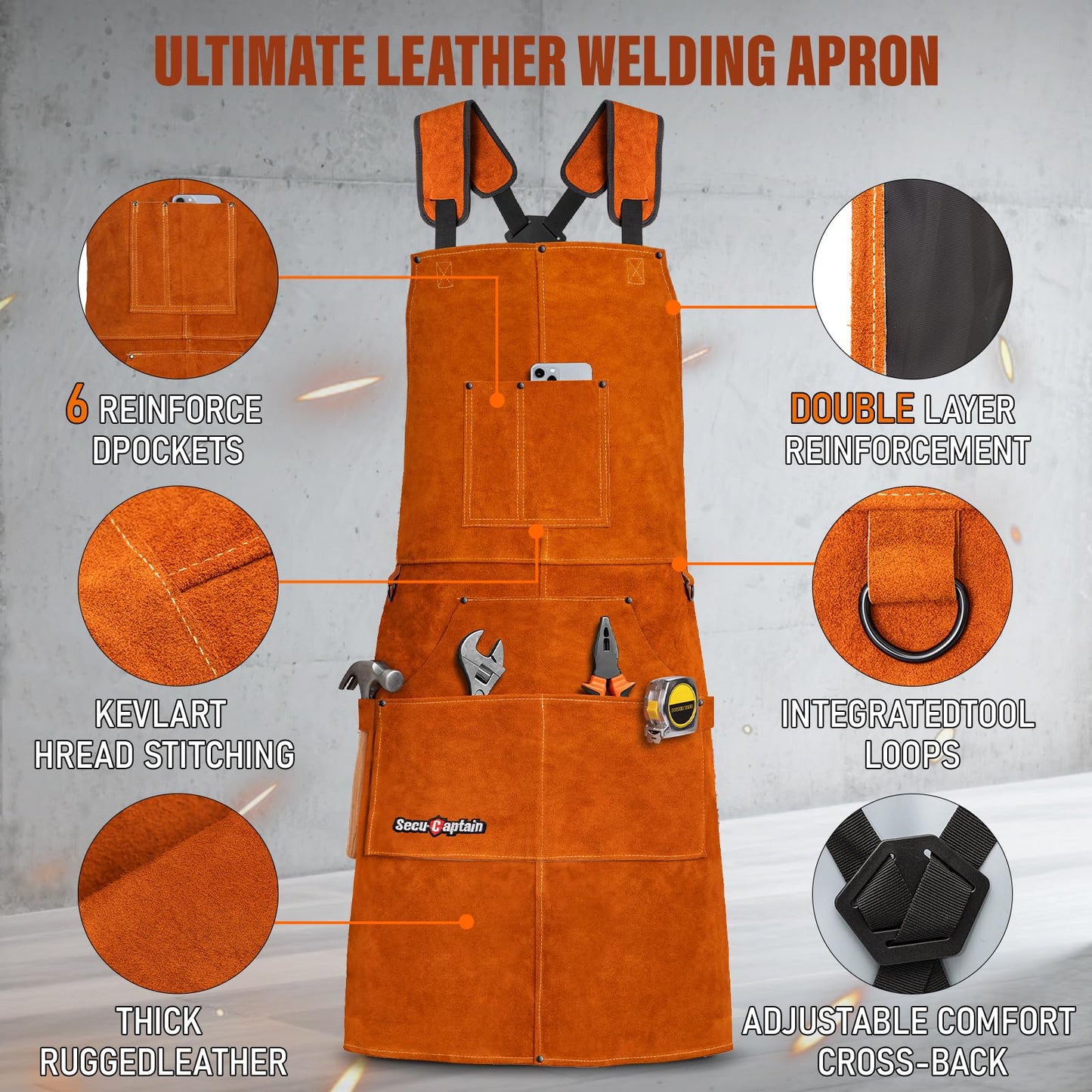 Leather Welding Work Apron Men Women - 24" x 36" Widened Straps Heat Flame Resistant Welder Tool Apron Heavy Duty For Welding, Woodworking, Blacksmith, Shop - Brown Adjustable M To XXXL