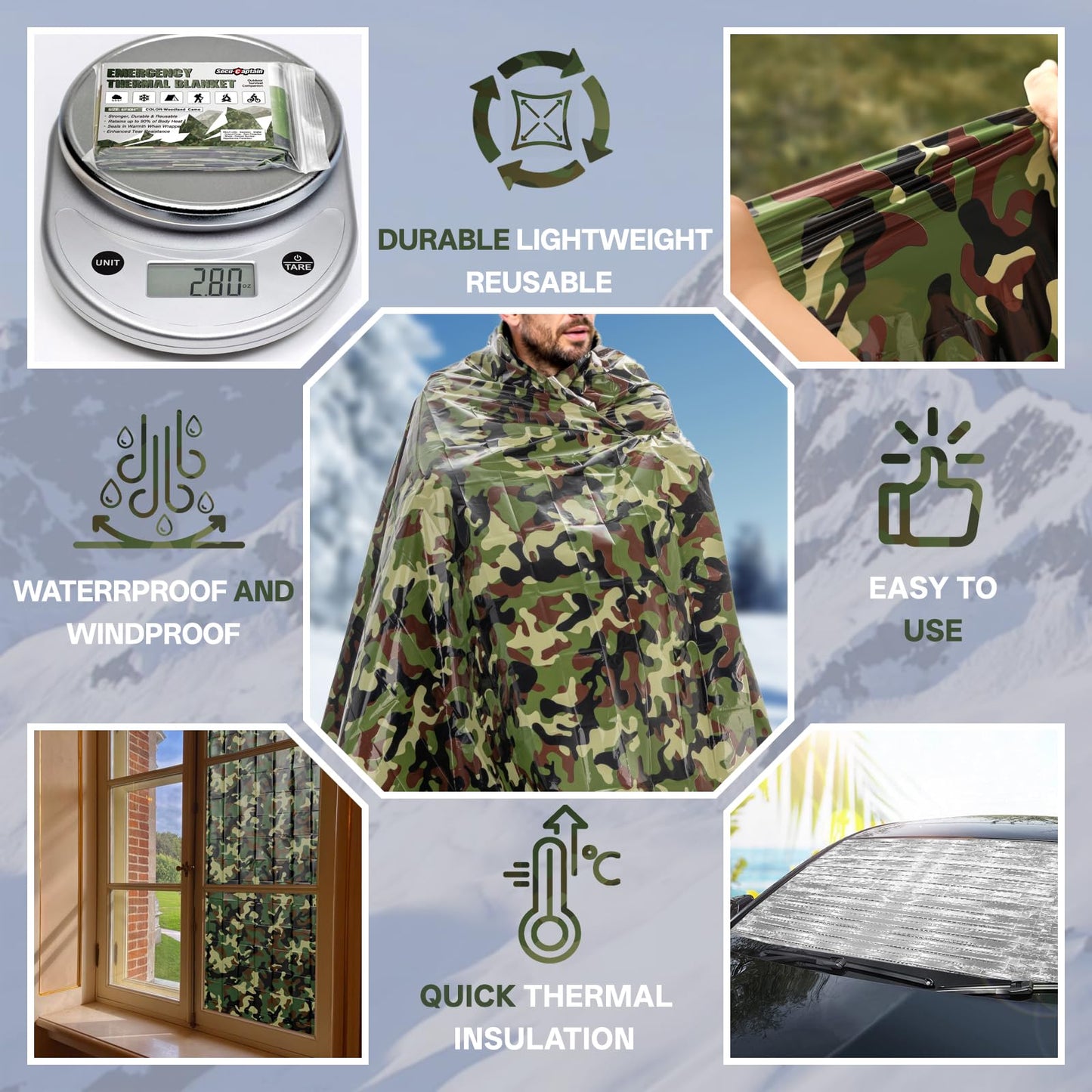 Survival Emergency Thermal Blankets: Thicken 28um Space Mylar Blanket Kit for Outdoor Cold Winter Camping, Hiking, Car Bug Out Bag, or First Aid - Woodland Camo 4 Pack