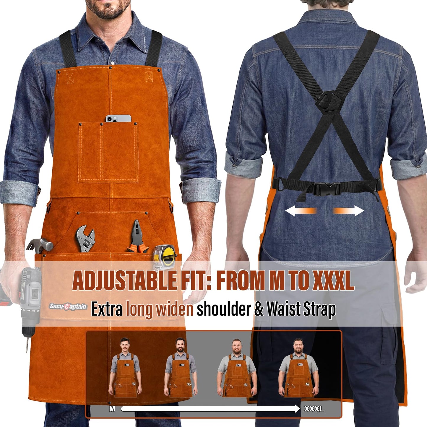 Leather Welding Work Apron Men Women - 24" x 36" Heat Flame Resistant Welder Tool Apron with 6 Tool Pockets Heavy Duty For Welding, Woodworking, Blacksmith, Shop - Brown Adjustable M To XXXL