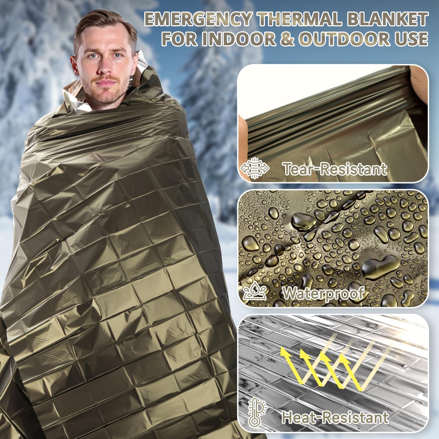 Survival Emergency Thermal Blankets: Extra Large 84” x63” Space Mylar Blanket Kit for Outdoor Cold Winter Camping Hiking Car Bug Out Bag or First Aid - 10 Pack Amy Green
