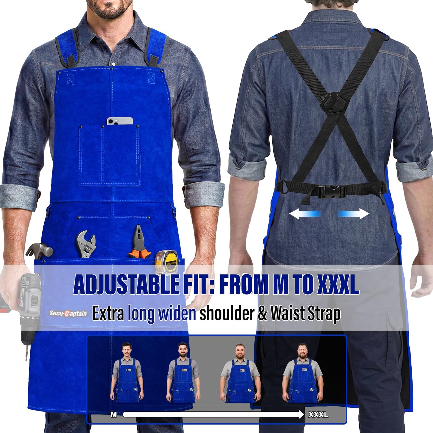 Leather Welding Work Apron Men - X-Large 24'' x 42'' Widened Straps Heat Flame Resistant Welder Tool Apron With Pockets Heavy Duty For Woodworking, Blacksmith, Shop, Blue Adjustable M To XXXL
