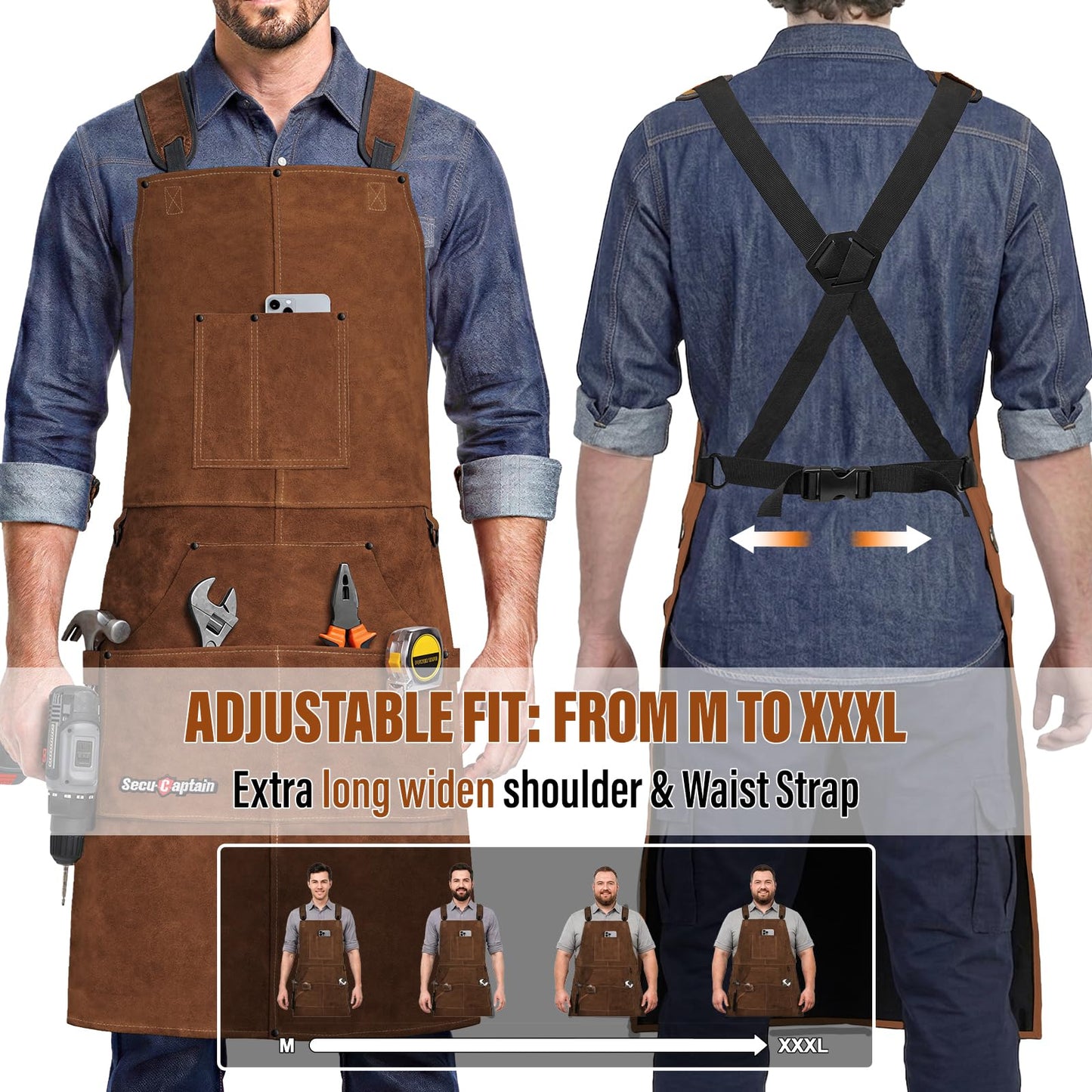 Leather Welding Work Apron Men Women - 24" x 36" Widened Straps Heat Flame Resistant Welder Tool Apron Heavy Duty For Welding, Woodworking, Blacksmith, Shop - Dark Brown Adjustable M To XXXL