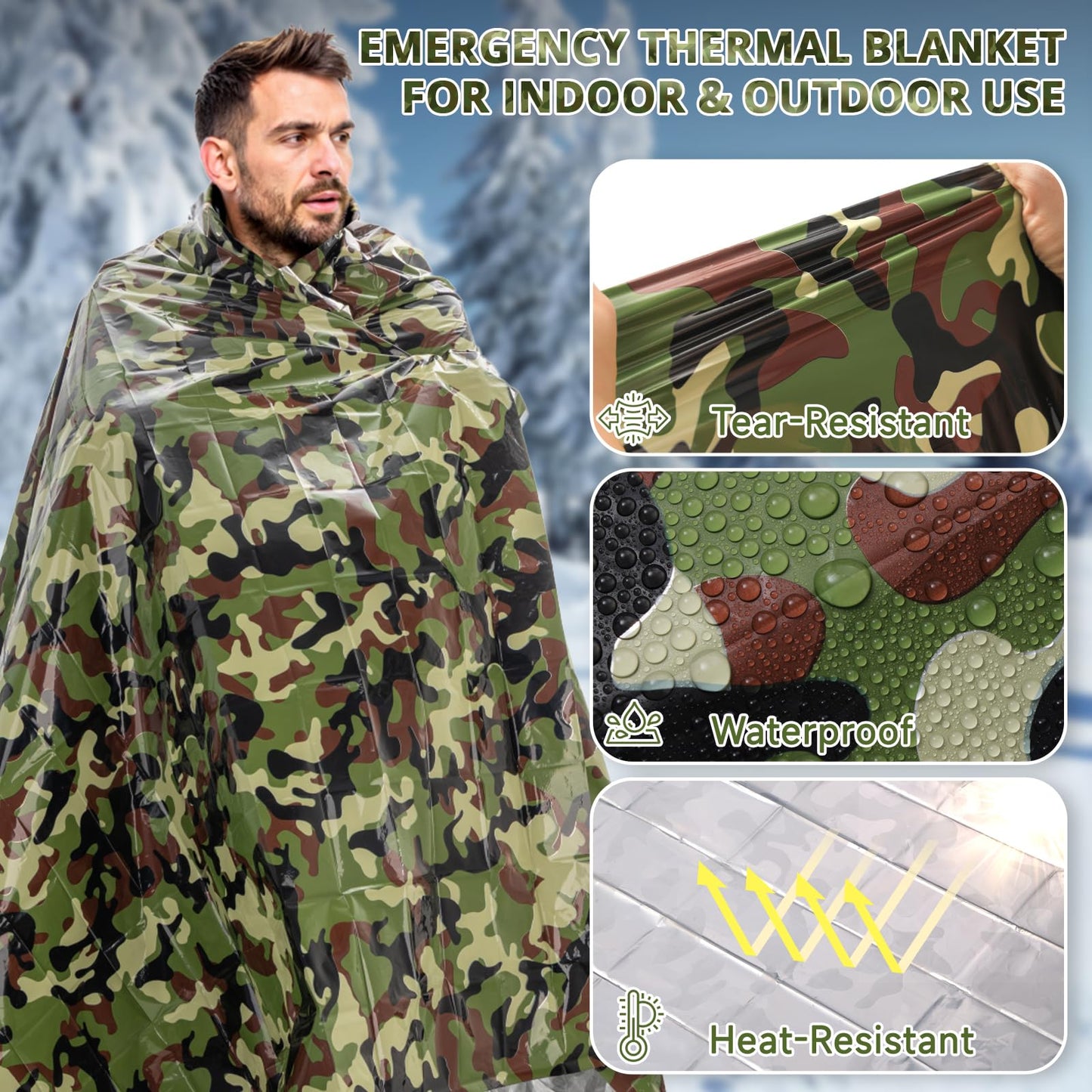 Survival Emergency Thermal Blankets: Thicken 28um Space Mylar Blanket Kit for Outdoor Cold Winter Camping, Hiking, Car Bug Out Bag, or First Aid - Woodland Camo 4 Pack