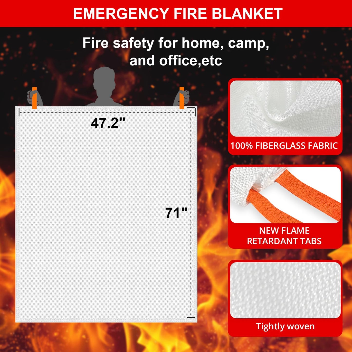 Emergency Fire Blanket for Home - 2 Pack 47.2"x71" X-Large Flame Retardant Blankets with Fireproof Tabs for House Camping Kitchen Fire Protection Survival Safety