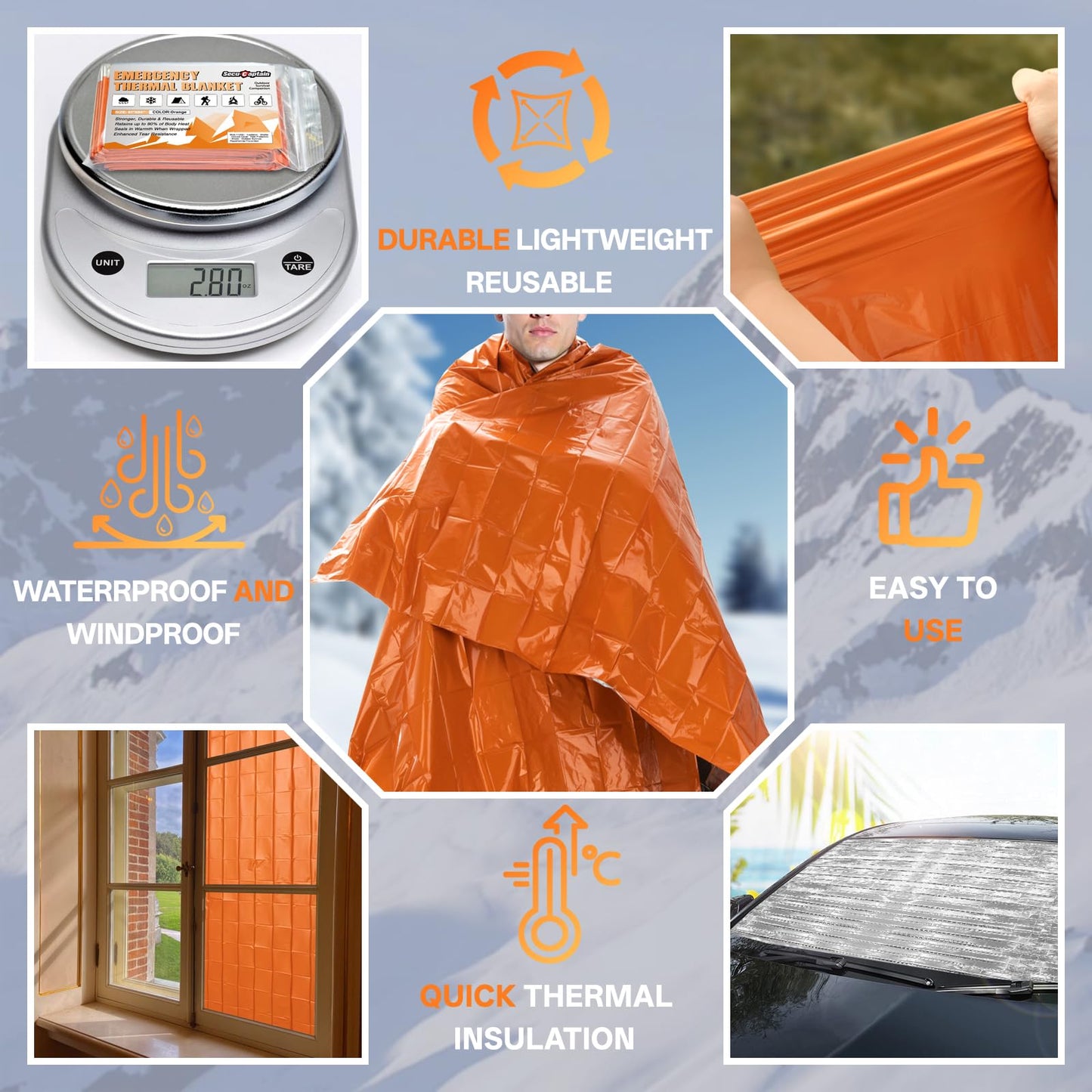 Survival Emergency Thermal Blankets: Thicken 28um Space Mylar Blanket Kit for Outdoor Cold Winter Camping, Hiking, Car Bug Out Bag, or First Aid - Orange 4 Pack