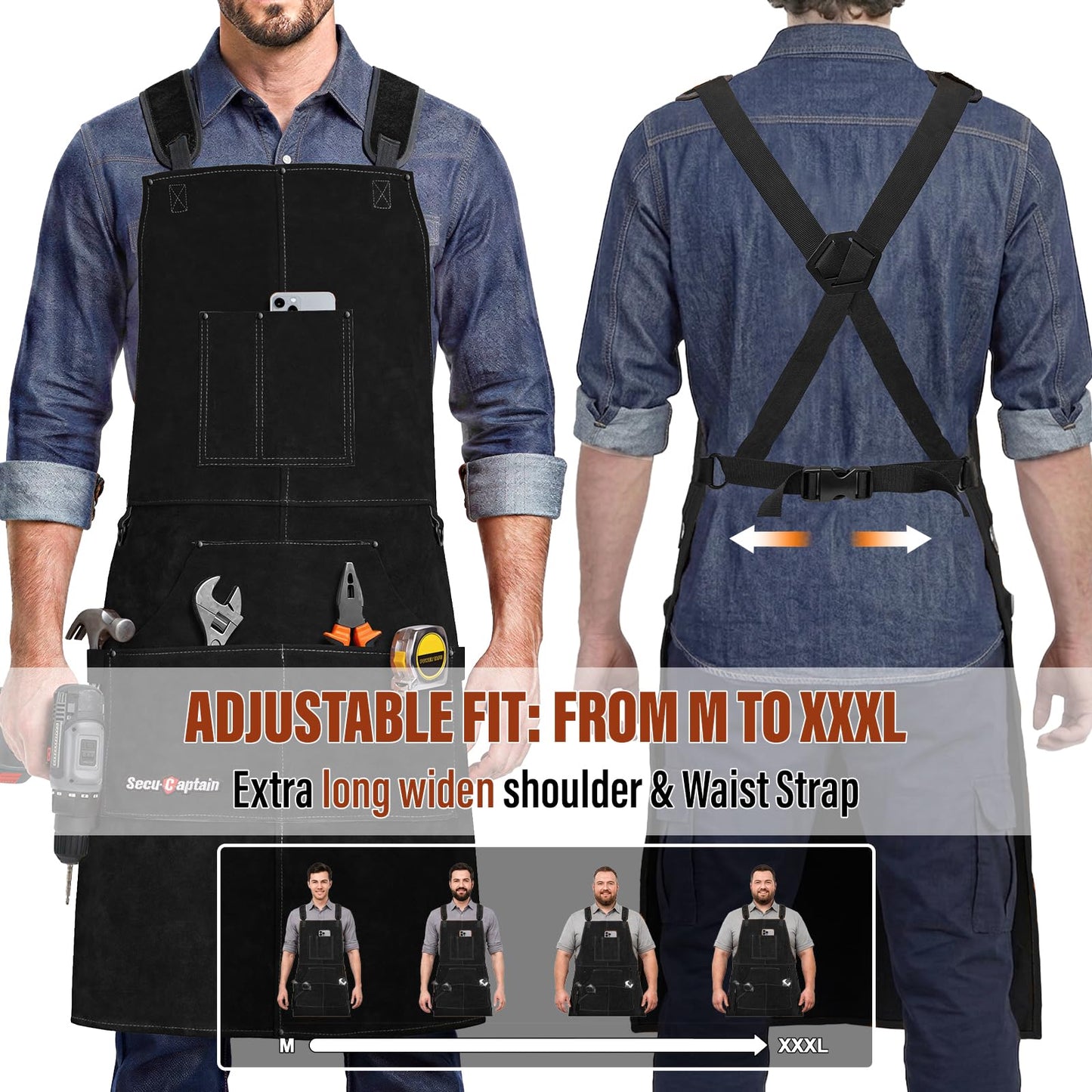 Leather Welding Work Apron Men - X-Large 24" x 36" Widened Straps Heat Flame Resistant Welder Tool Aprons with Gloves Pockets Heavy Duty for Woodworking, Shop - Black Adjustable M to XXXL