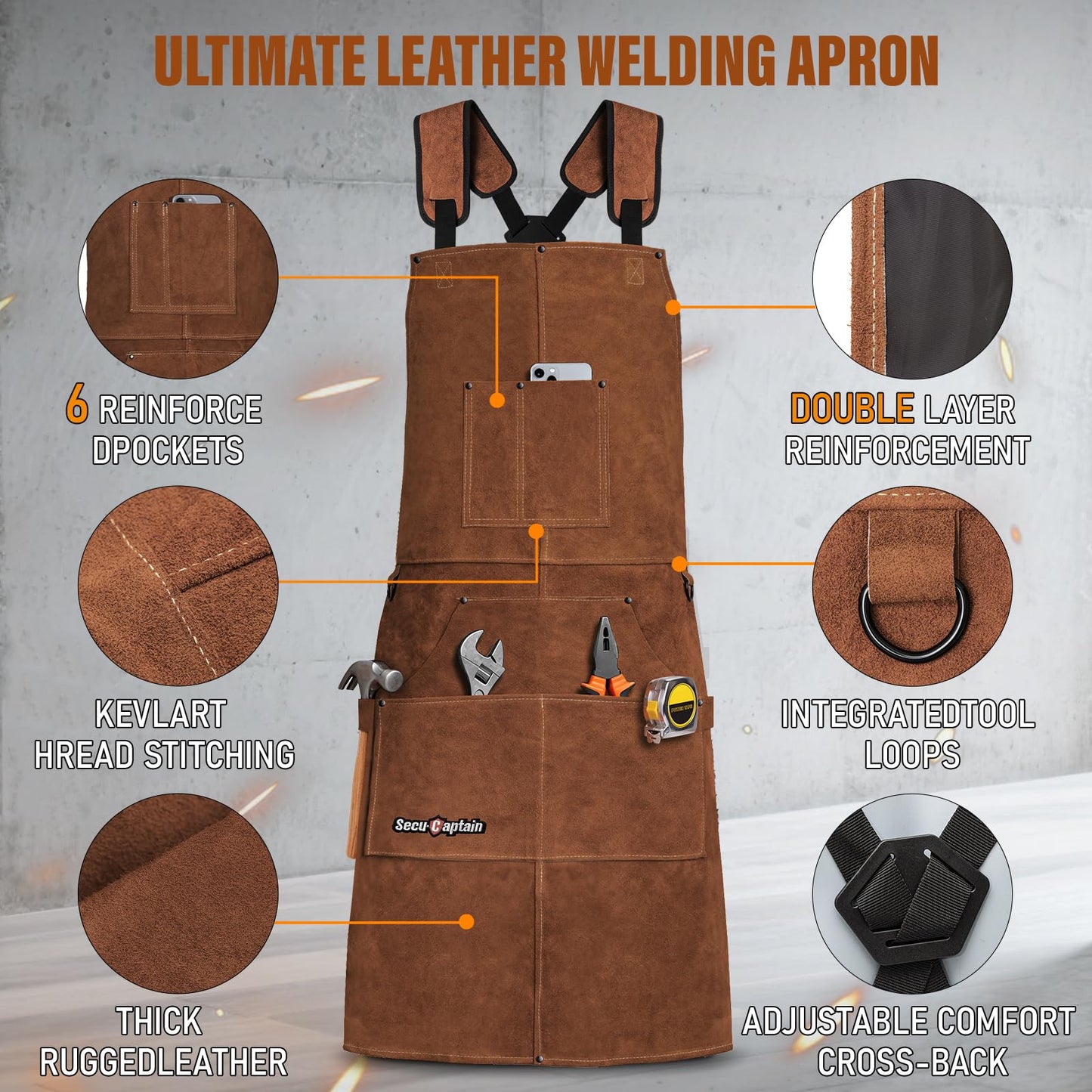 Leather Welding Work Apron Men Women - 24" x 36" Widened Straps Heat Flame Resistant Welder Tool Apron Heavy Duty For Welding, Woodworking, Blacksmith, Shop - Dark Brown Adjustable M To XXXL