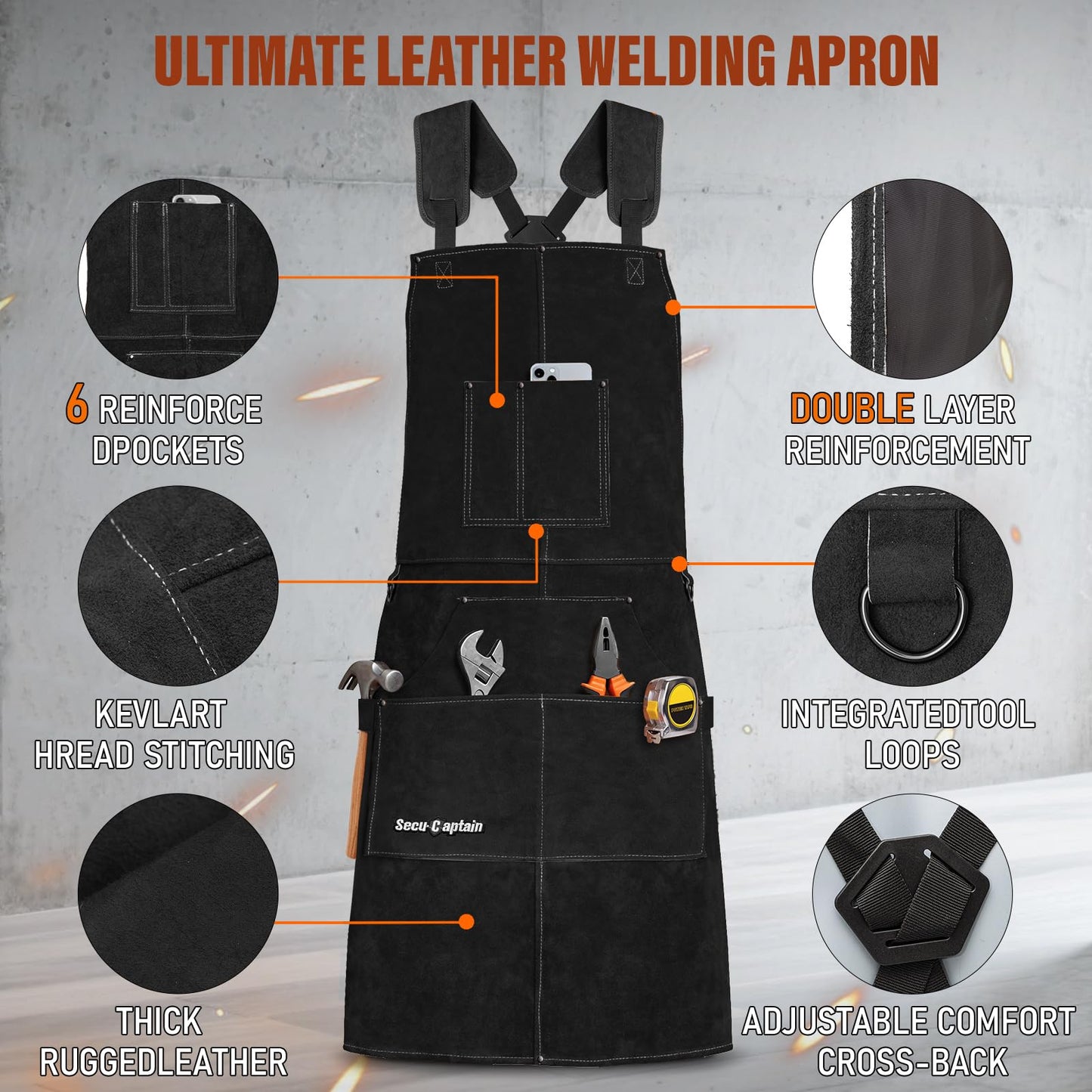 Leather Welding Work Apron Men - X-Large 24'' x 42'' Widened Straps Heat Flame Resistant Welder Tool Apron With Pockets Heavy Duty For Woodworking, Blacksmith, Shop, Black Adjustable M To XXXL
