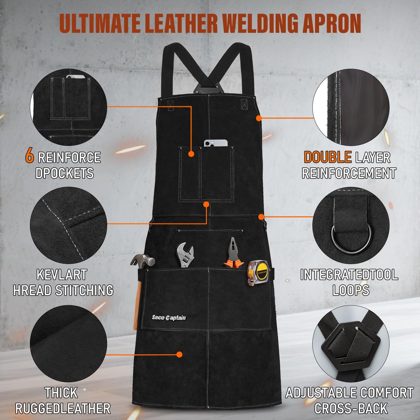 Leather Welding Work Apron Men Women - 24" x 36" Heat Flame Resistant Welder Tool Apron with 6 Tool Pockets Heavy Duty For Welding, Woodworking, Blacksmith, Shop - Black Adjustable M To XXXL