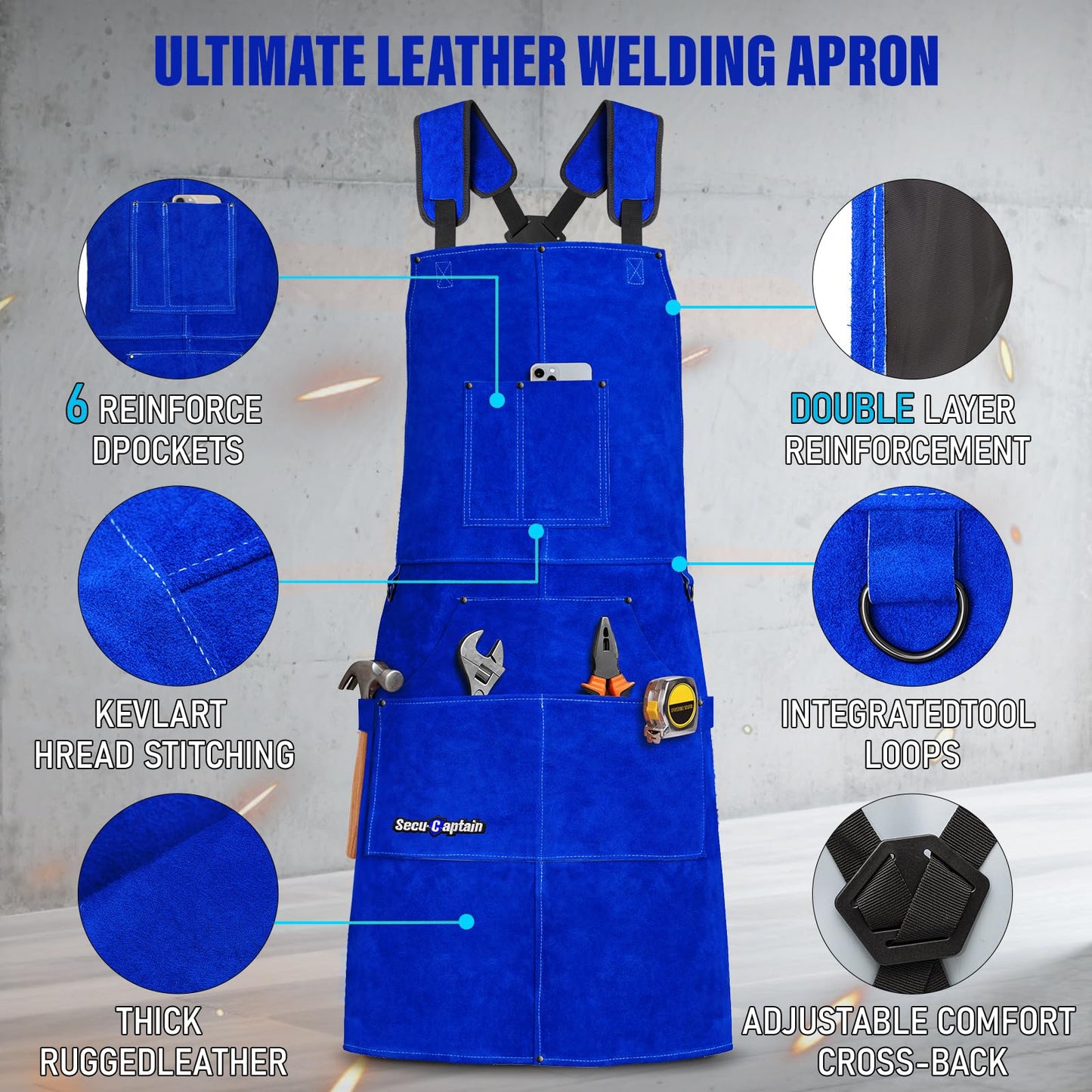 Leather Welding Work Apron Men Women - 24" x 36" Widened Straps Heat & Flame Resistant Welder Tool Apron Heavy Duty For Welding, Woodworking, Blacksmith, Shop - Blue Adjustable M To XXXL