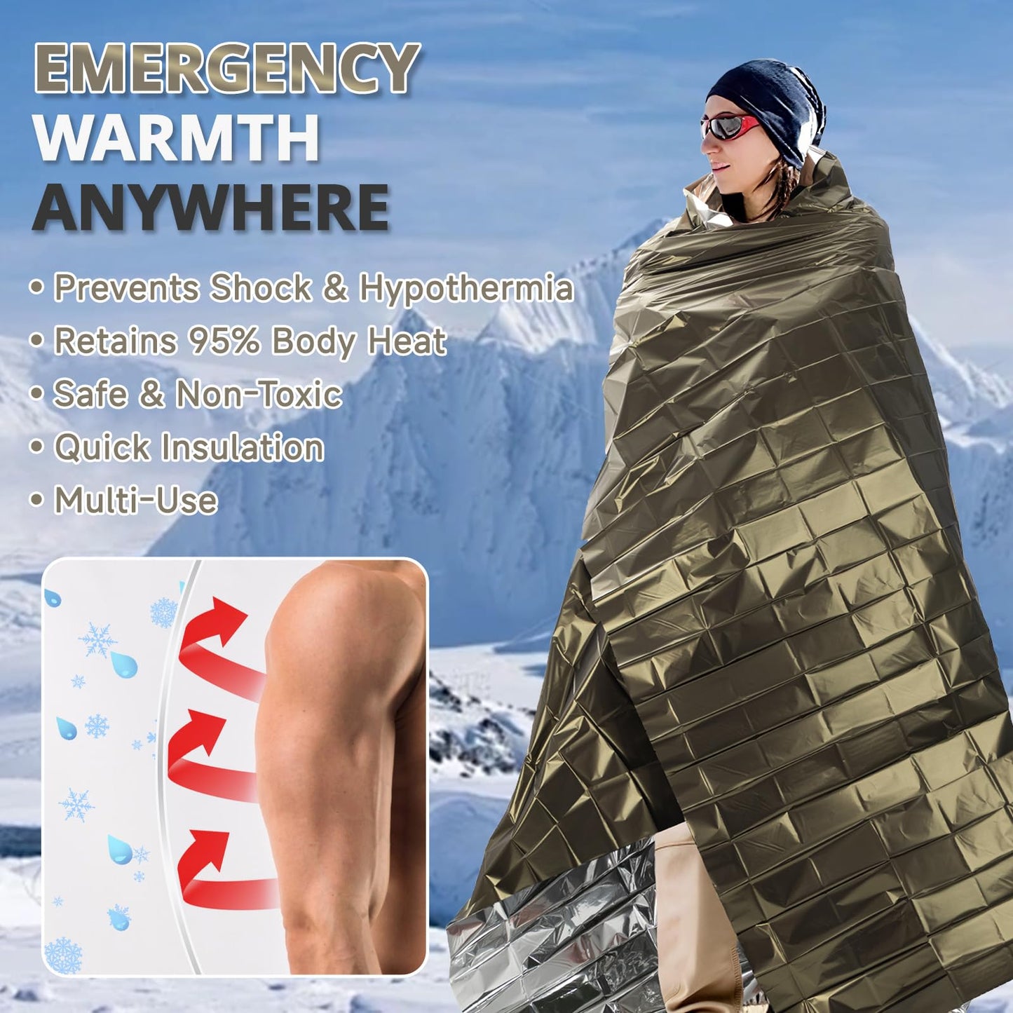 Survival Emergency Thermal Blankets: Extra Large 84” x63” Space Mylar Blanket Kit for Outdoor Cold Winter Camping Hiking Car Bug Out Bag or First Aid - 4 Pack Amygreen