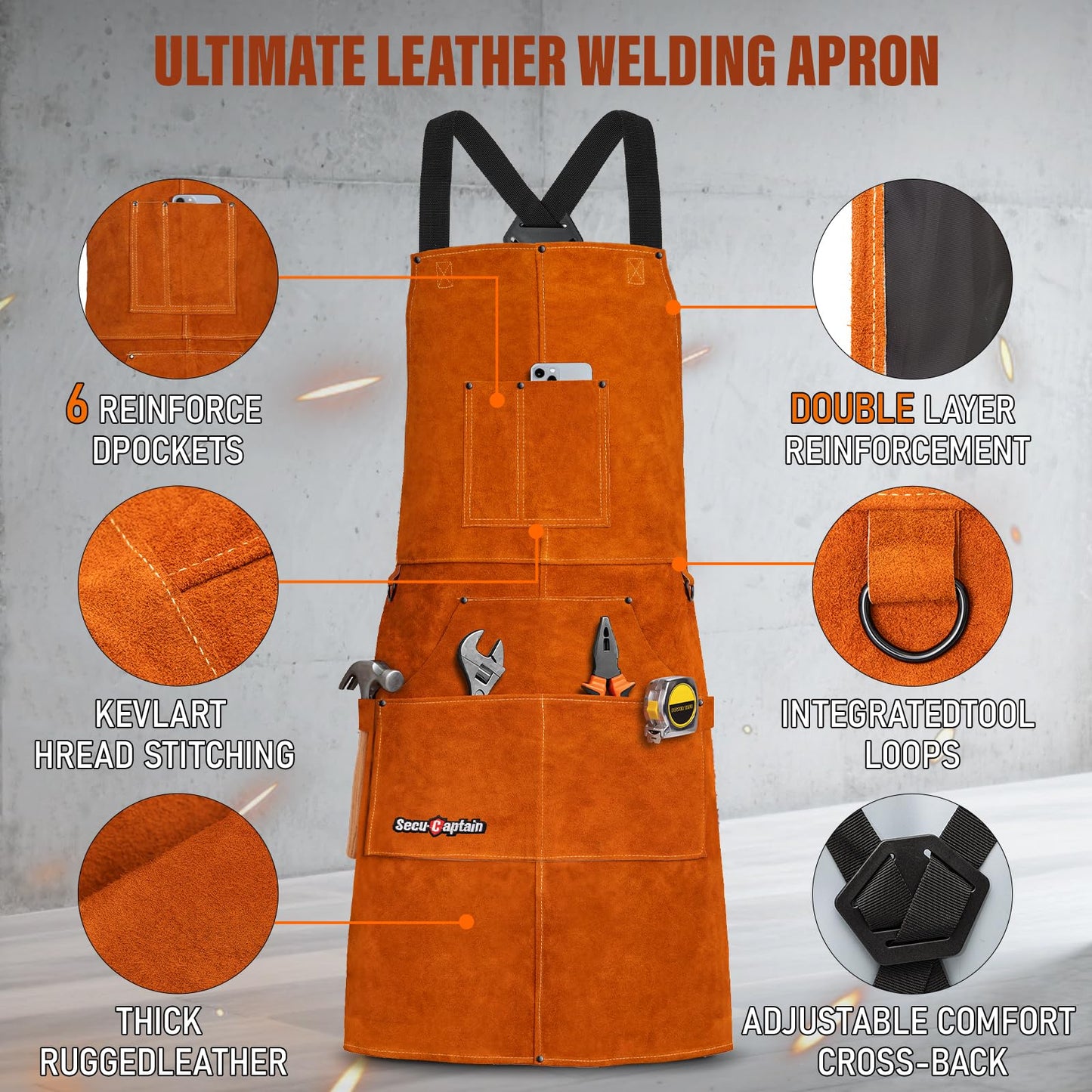 Leather Welding Work Apron Men Women - 24" x 36" Heat Flame Resistant Welder Tool Apron with 6 Tool Pockets Heavy Duty For Welding, Woodworking, Blacksmith, Shop - Brown Adjustable M To XXXL