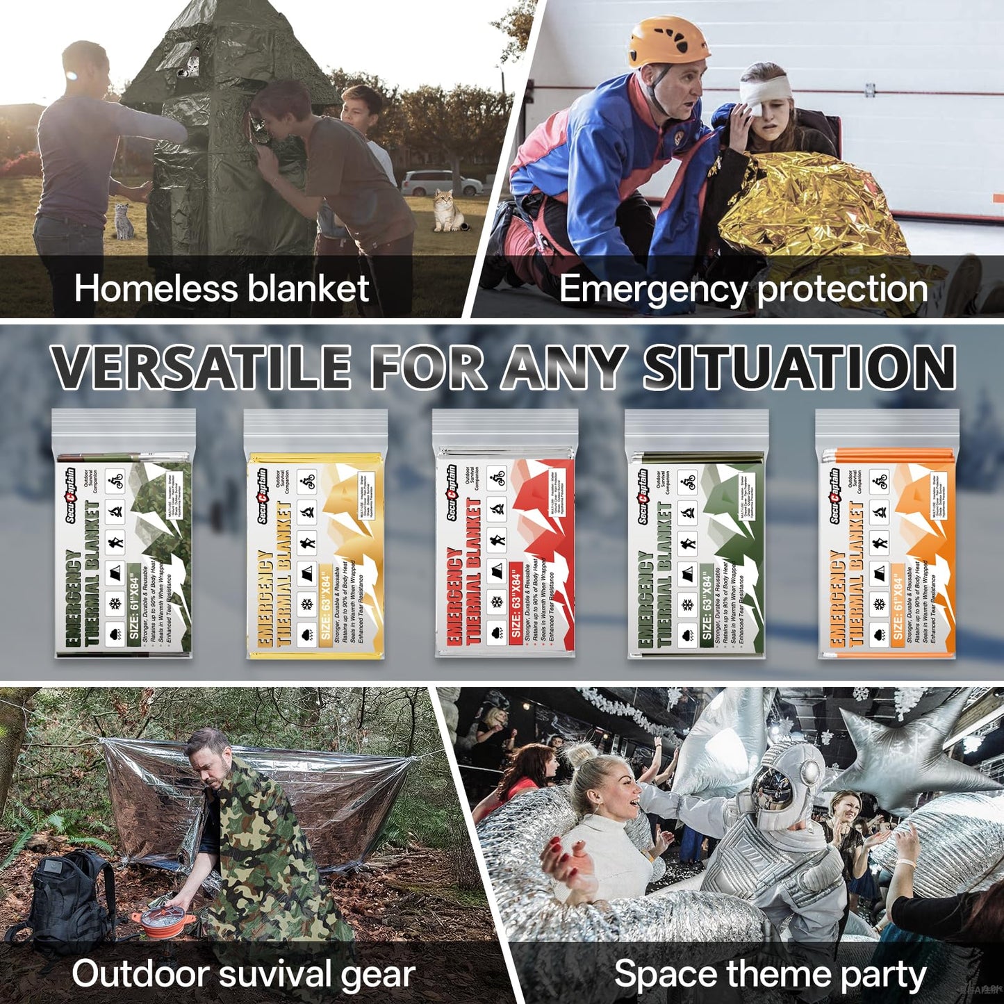 Survival Emergency Thermal Blankets: Thicken 28um Space Mylar Blanket Kit for Outdoor Cold Winter Camping, Hiking, Car Bug Out Bag, or First Aid - Woodland Camo 4 Pack