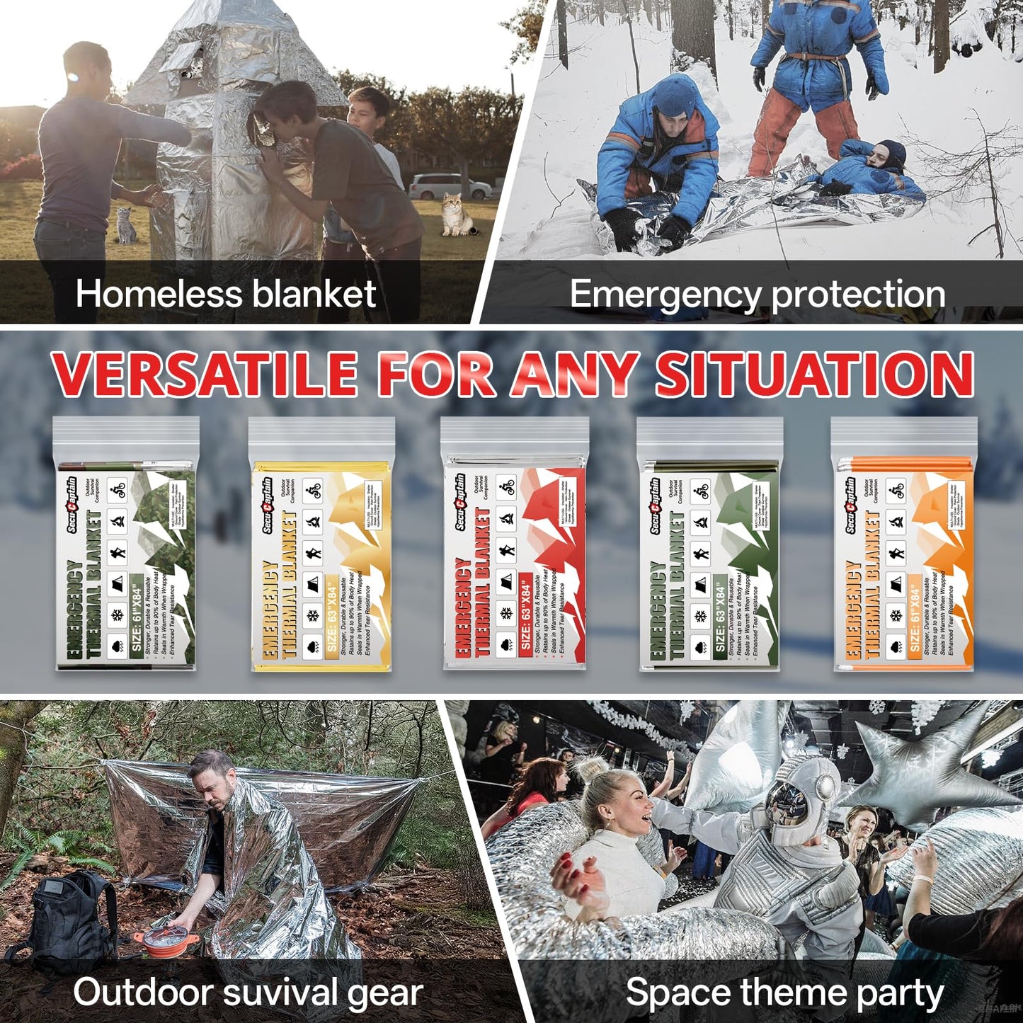 Survival Emergency Thermal Blankets: 25 Pack Extra Large 84” x63” Space Mylar Blanket Kit for Outdoor Cold Winter Camping Hiking Car Bug Out Bag or First Aid