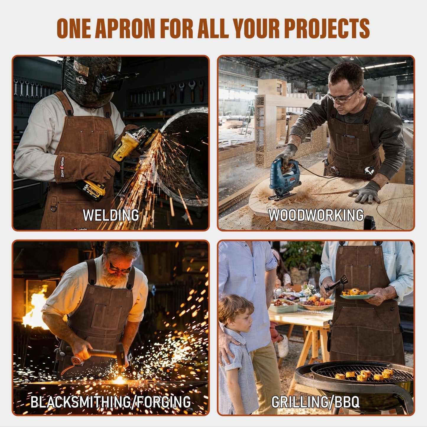 Leather Welding Work Apron Men Women - 24" x 36" Widened Straps Heat Flame Resistant Welder Tool Apron Heavy Duty For Welding, Woodworking, Blacksmith, Shop - Dark Brown Adjustable M To XXXL