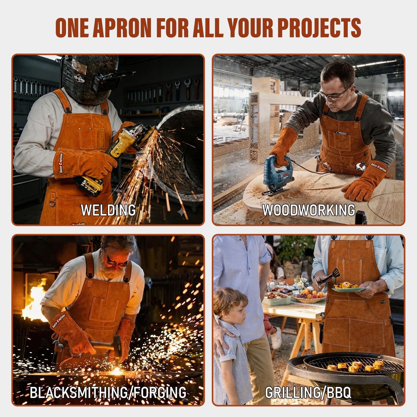 Leather Welding Work Apron Men - X-Large 24" x 42" Widened Straps Heat Flame Resistant Welder Tool Aprons with Gloves Pockets Heavy Duty for Woodworking, Shop - Brown Adjustable M to XXXL