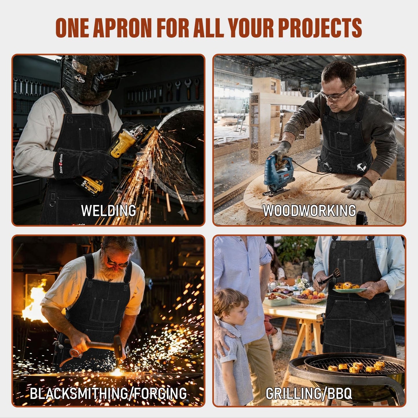 Leather Welding Work Apron Men - Widened Straps 24" x 36" Heat Flame Resistant Welder Tool Apron With Pockets Heavy Duty For Woodworking, Blacksmith, Shop - Black Adjustable M To XXXL
