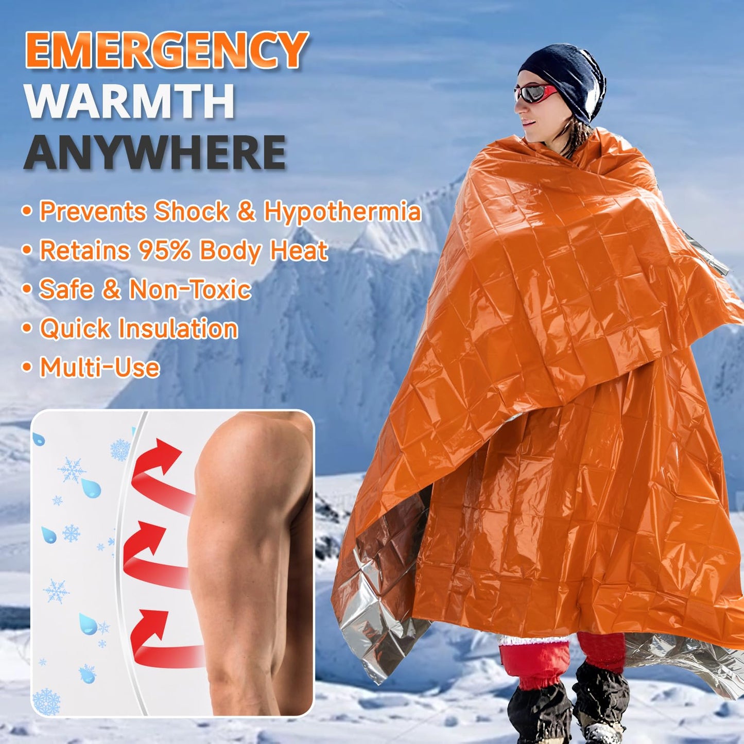 Survival Emergency Thermal Blankets: Thicken 28um Space Mylar Blanket Kit for Outdoor Cold Winter Camping, Hiking, Car Bug Out Bag, or First Aid - Orange 4 Pack