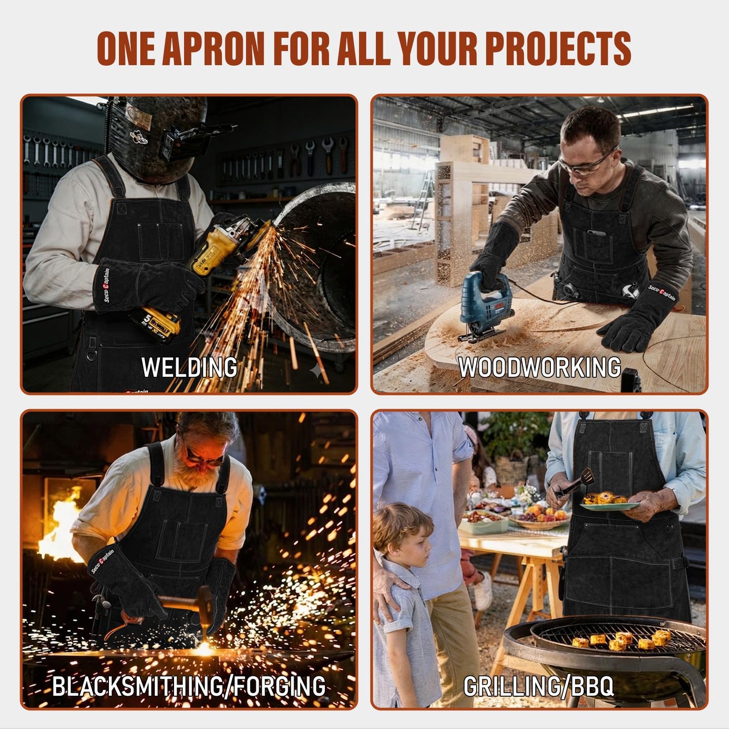 Leather Welding Work Apron Men - X-Large 24" x 36" Widened Straps Heat Flame Resistant Welder Tool Aprons with Gloves Pockets Heavy Duty for Woodworking, Shop - Black Adjustable M to XXXL