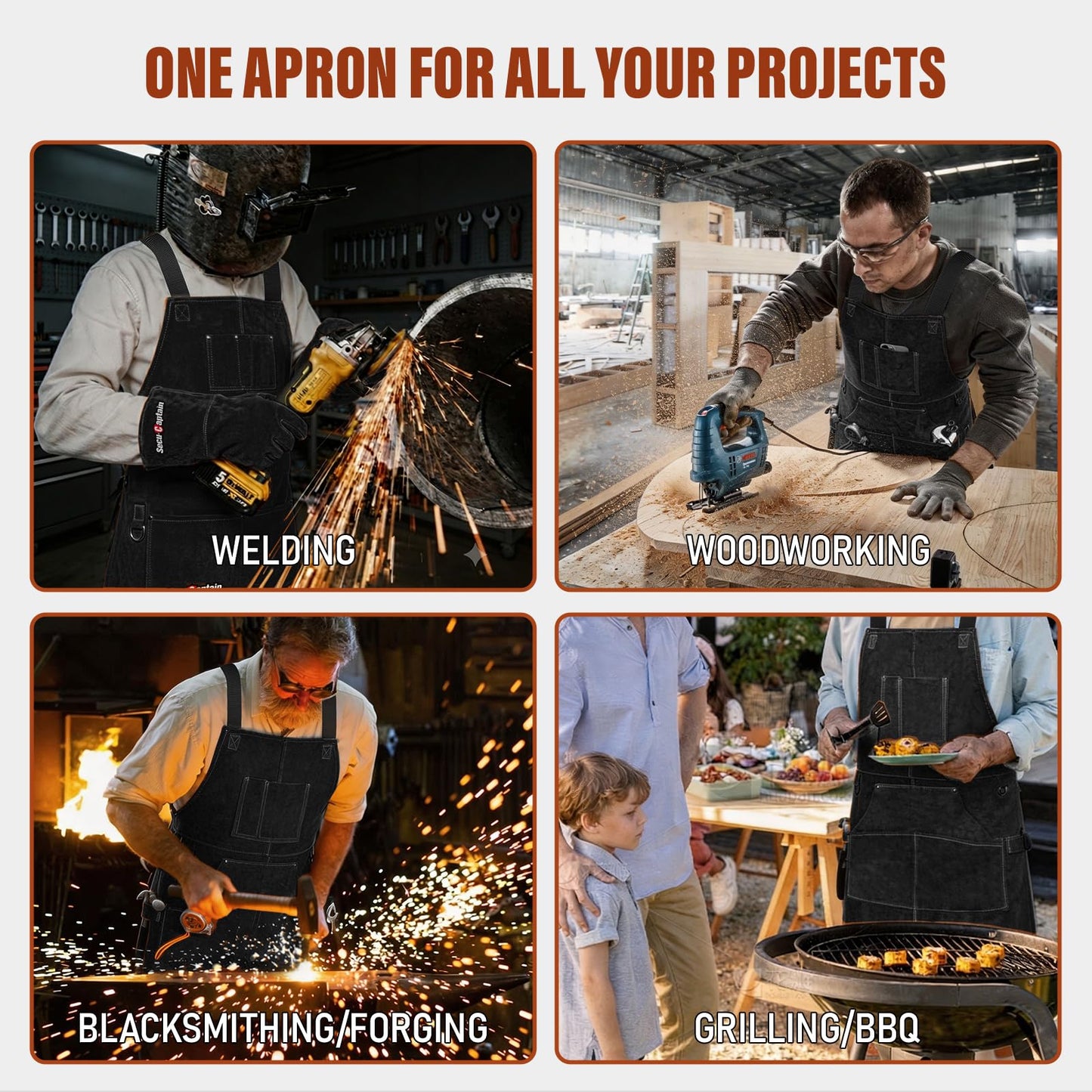 Leather Welding Work Apron Men Women - 24" x 36" Heat Flame Resistant Welder Tool Apron with 6 Tool Pockets Heavy Duty For Welding, Woodworking, Blacksmith, Shop - Black Adjustable M To XXXL