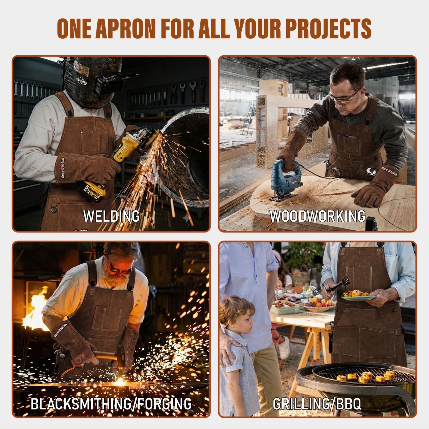 Leather Welding Work Apron Men - X-Large 24" x 42" Widened Straps Heat Flame Resistant Welder Tool Aprons with Gloves Pockets Heavy Duty for Woodworking, Shop - Dark Brown Adjustable M to XXXL