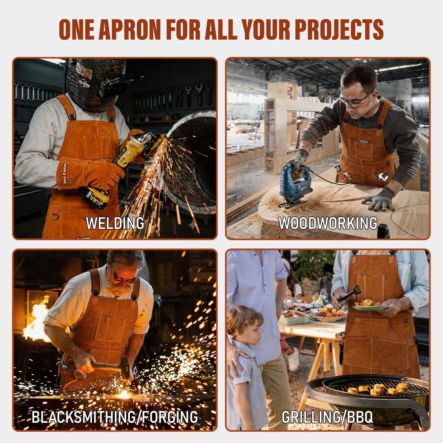 Leather Welding Work Apron Men Women - 24" x 36" Widened Straps Heat Flame Resistant Welder Tool Apron Heavy Duty For Welding, Woodworking, Blacksmith, Shop - Brown Adjustable M To XXXL