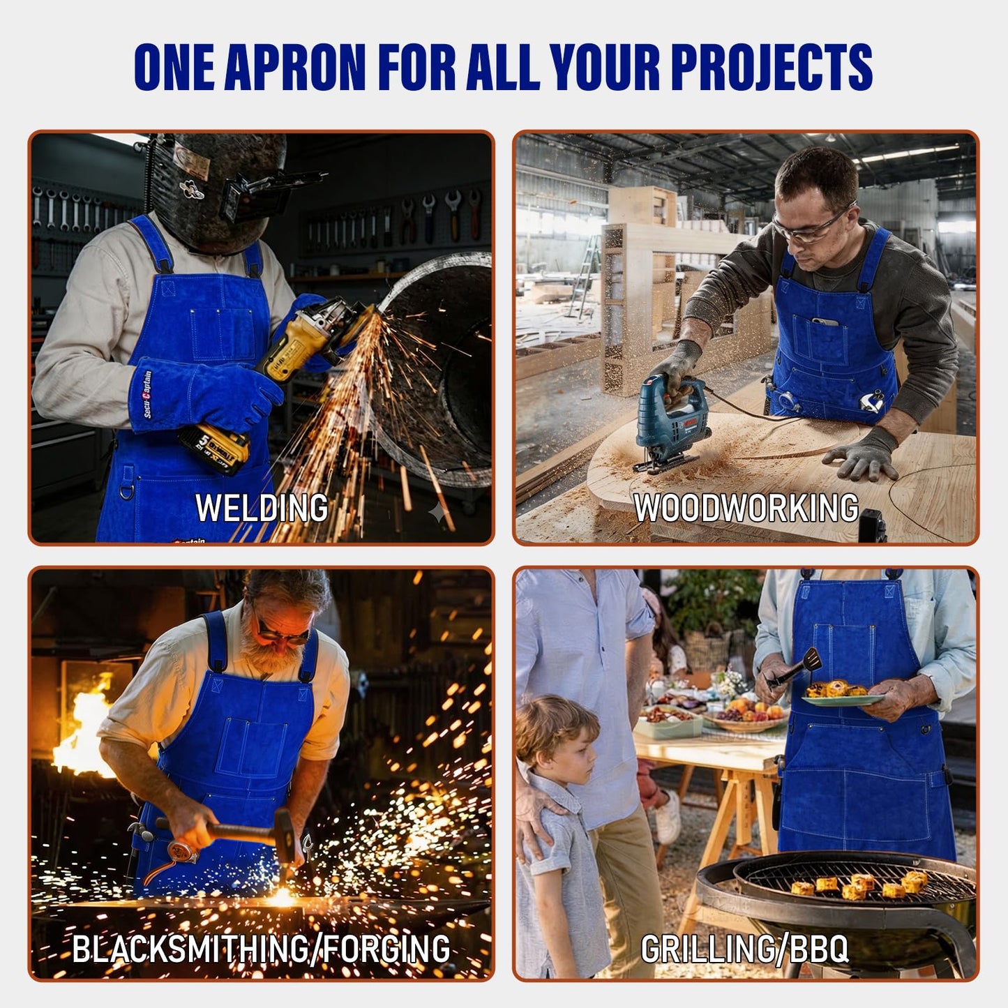 Leather Welding Work Apron Men - X-Large 24'' x 42'' Widened Straps Heat Flame Resistant Welder Tool Apron With Pockets Heavy Duty For Woodworking, Blacksmith, Shop, Blue Adjustable M To XXXL