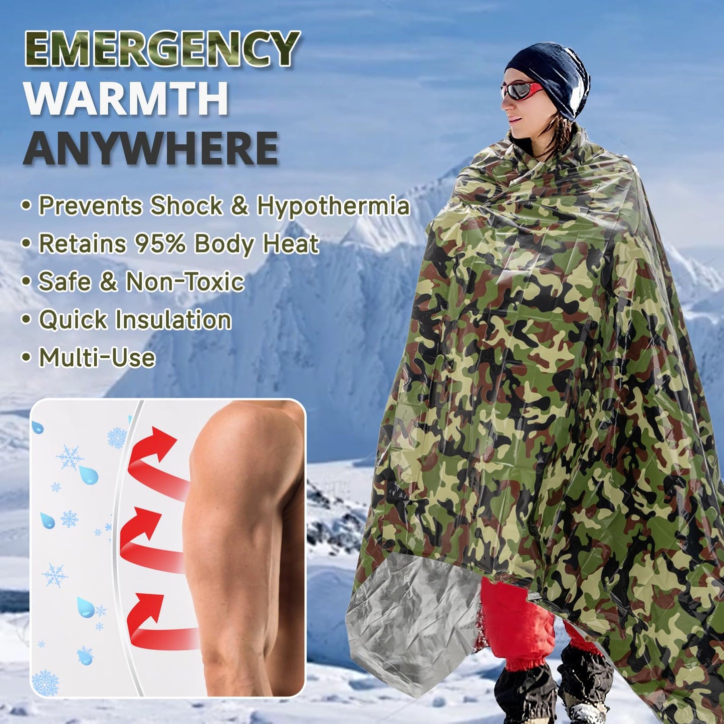 Survival Emergency Thermal Blankets: Thicken 28um Space Mylar Blanket Kit for Outdoor Cold Winter Camping, Hiking, Car Bug Out Bag, or First Aid - Woodland Camo 4 Pack