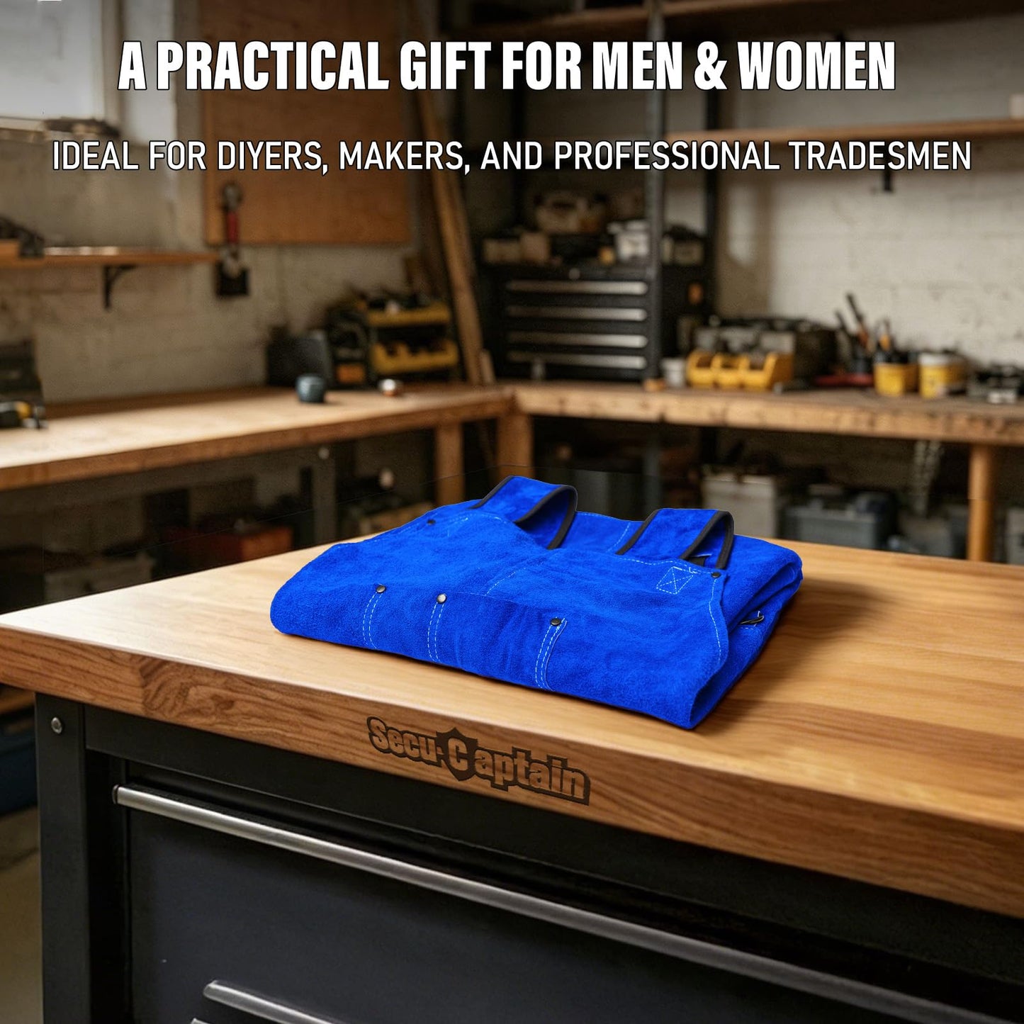 Leather Welding Work Apron Men Women - 24" x 36" Widened Straps Heat & Flame Resistant Welder Tool Apron Heavy Duty For Welding, Woodworking, Blacksmith, Shop - Blue Adjustable M To XXXL