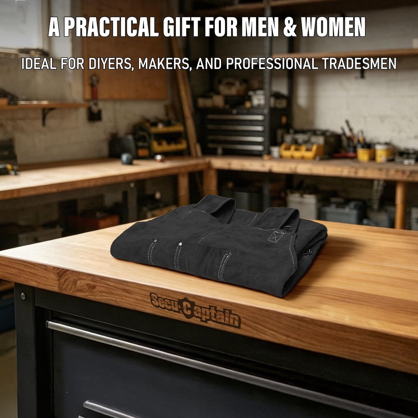 Leather Welding Work Apron Men - X-Large 24'' x 42'' Widened Straps Heat Flame Resistant Welder Tool Apron With Pockets Heavy Duty For Woodworking, Blacksmith, Shop, Black Adjustable M To XXXL